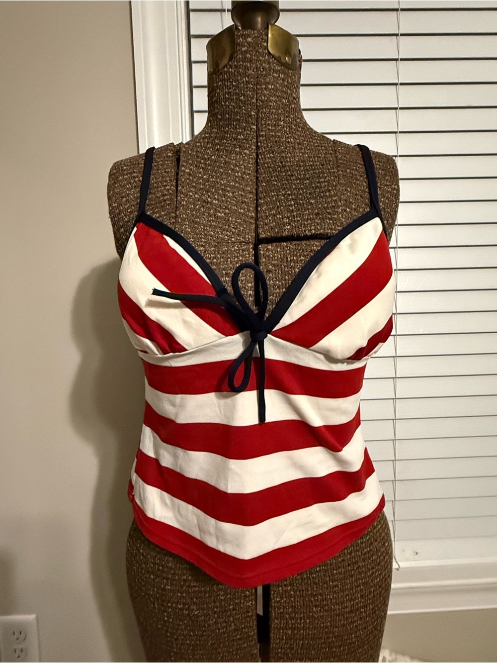 Vintage Striped Red and White Tankini Top with Navy Trim